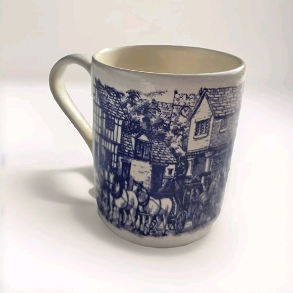 Vintage Royal Stafford Coaching Scene Coffee Mug Made in England Blue White Cup - Picture 1 of 12